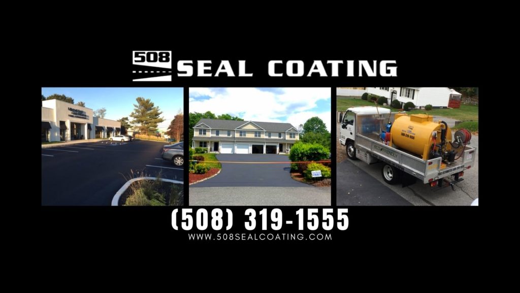 Collage showing a professional commercial sealcoating project and a residential driveway, highlighting the versatility of 508 Sealcoating’s eco-friendly services in Acton MA