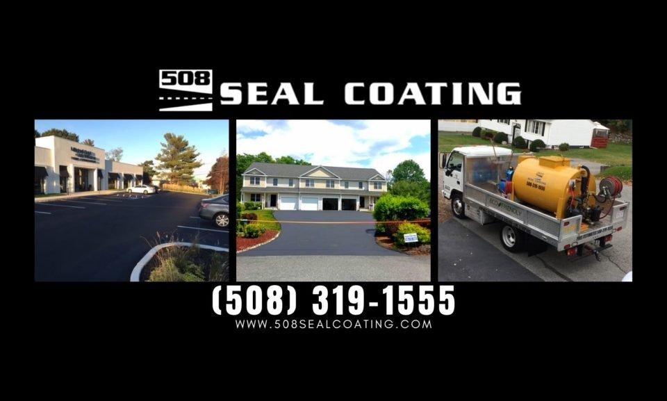 Collage showing a professional commercial sealcoating project and a residential driveway, highlighting the versatility of 508 Sealcoating’s eco-friendly services in Acton MA